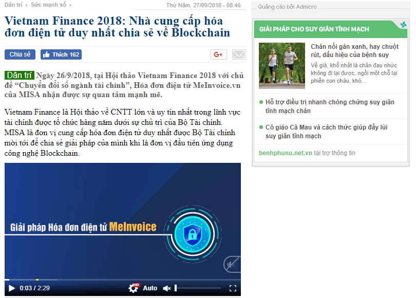 Báo điện tử Dân trí nhấn mạnh MISA là đơn vị cung cấp hóa đơn điện tử duy nhất chia sẻ về Blockchain tại hội thảo Vietnam Finance 2018