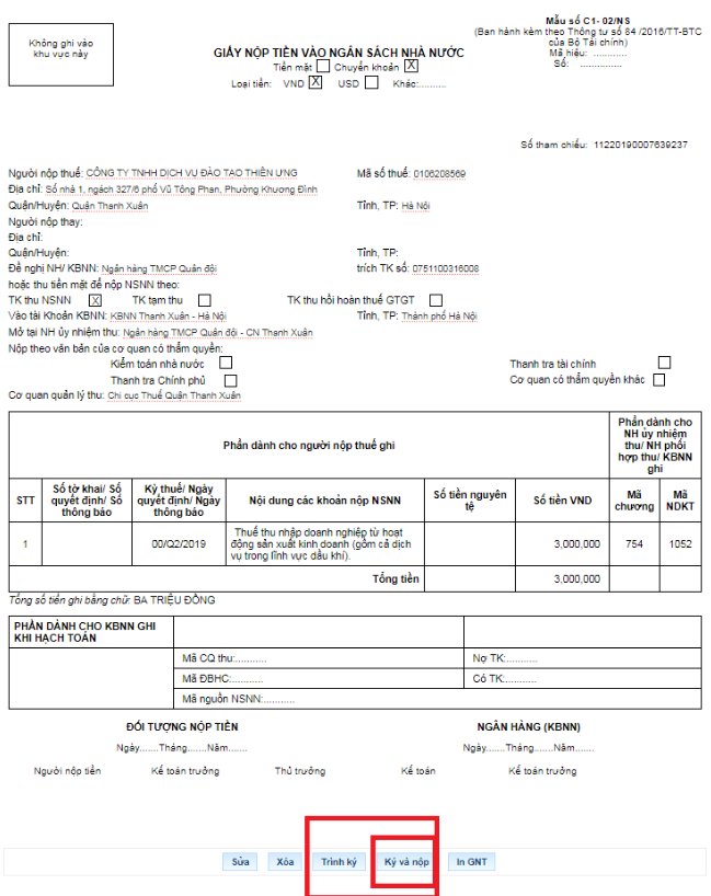 Hệ thống hiện thị giấy nộp tiền vào ngân sách nhà nước