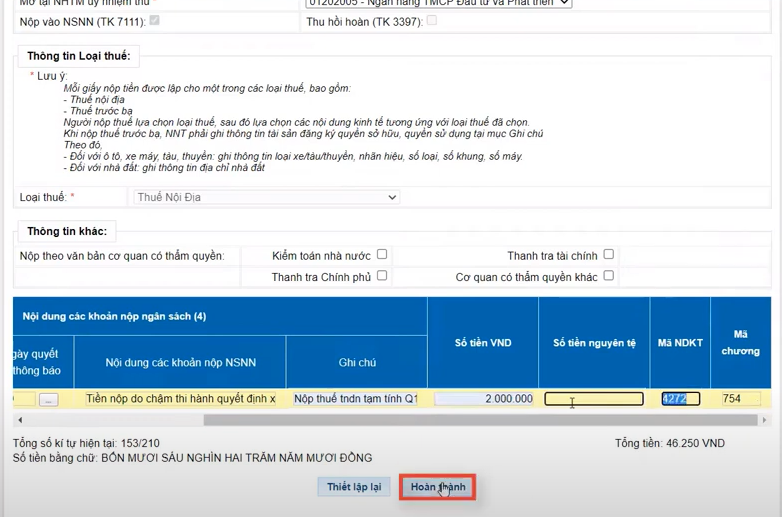 hoàn thành kê khai thông tin trên giấy nộp tiền