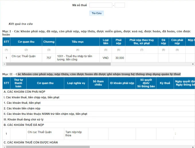 Kết quả tra cứu thuế thu nhập cá nhân đã nộp