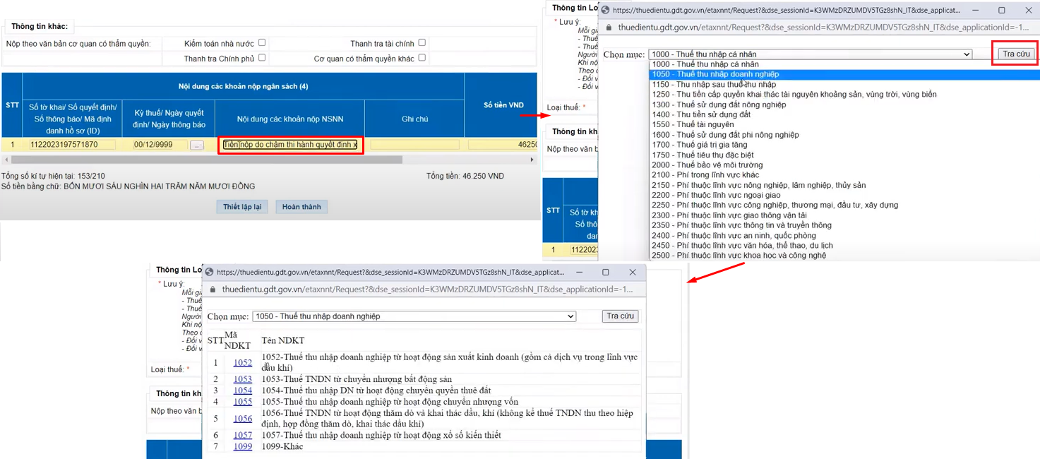 Lựa chọn khoản tiền nộp vào ngân sách nhà nước