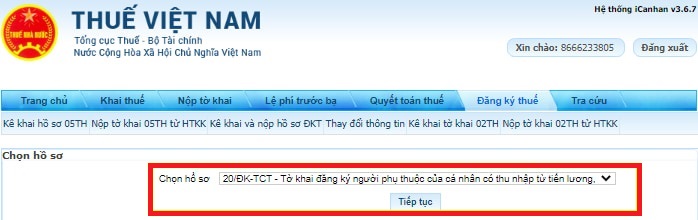 Chọn hồ sơ "20-ĐK-TCT Tờ khai đăng ký thuế tổng hợp cho người phụ thuộc của cá nhân có thu nhập từ tiền lương, tiền công"