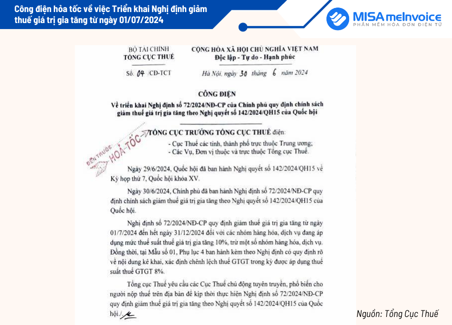 Công điện hỏa tốc của TCT về việc triển khai Nghị định giảm thuế giá trị gia tăng từ ngày 01/7/2024