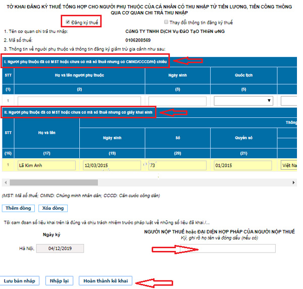 kê khai thông tin lên mẫu số 20 đk th tct