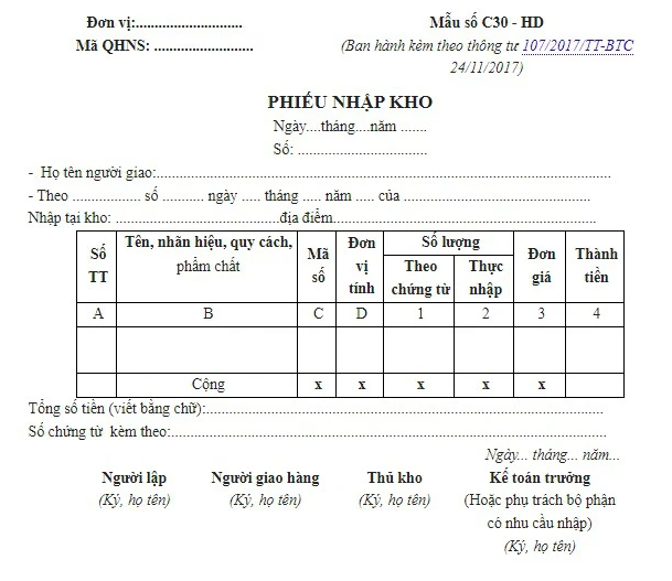 mẫu phiếu nhập kho thông tư 107