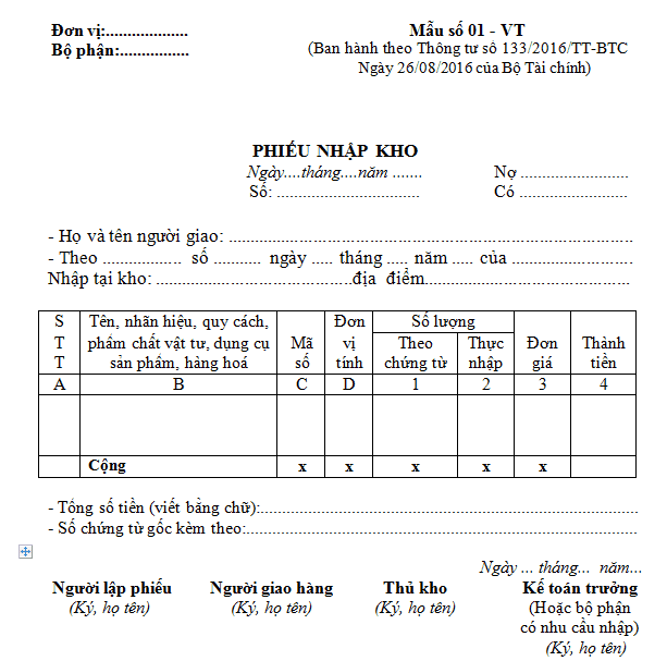 mẫu phiếu nhập kho theo thông tư 133