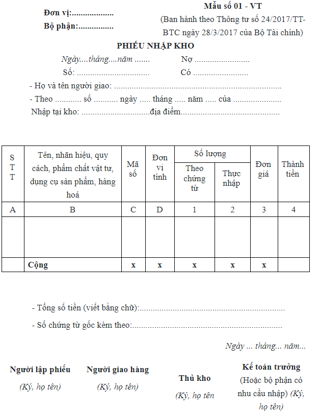 mẫu phiếu nhập kho theo thông tư 24