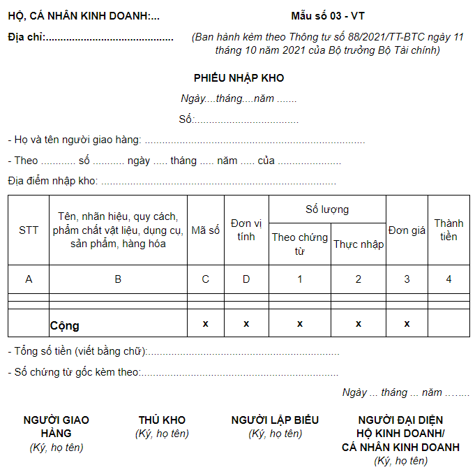 mẫu phiếu nhập kho theo thông tư 88