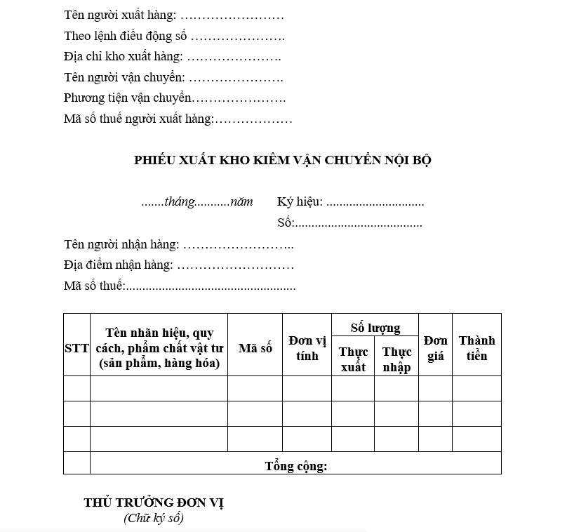 mẫu phiếu xuất kho kiêm vận chuyển nội bộ