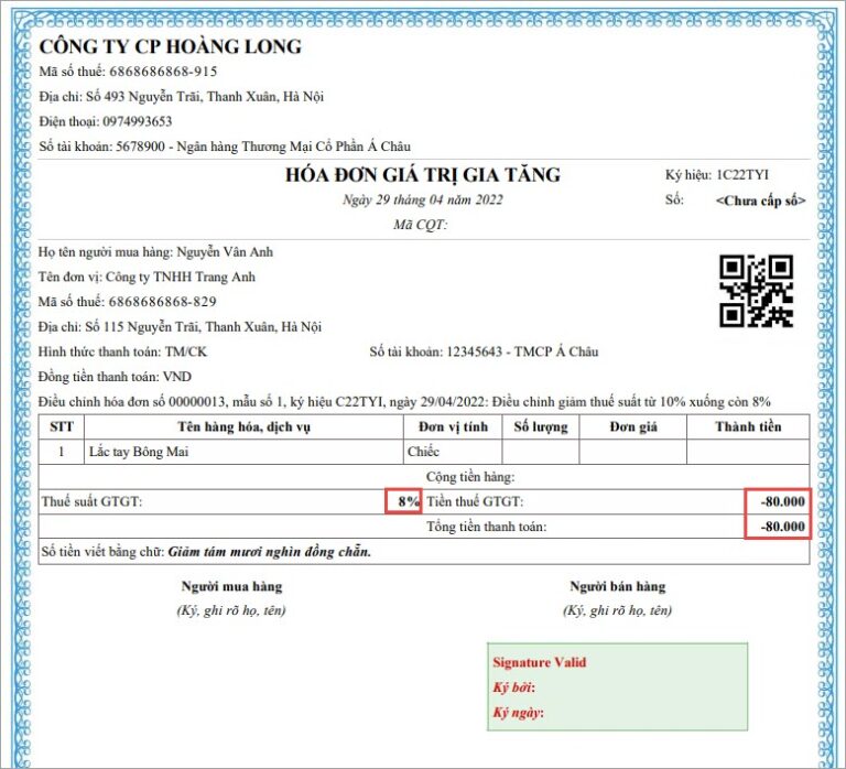 hóa đơn điều chỉnh giảm thuế suất