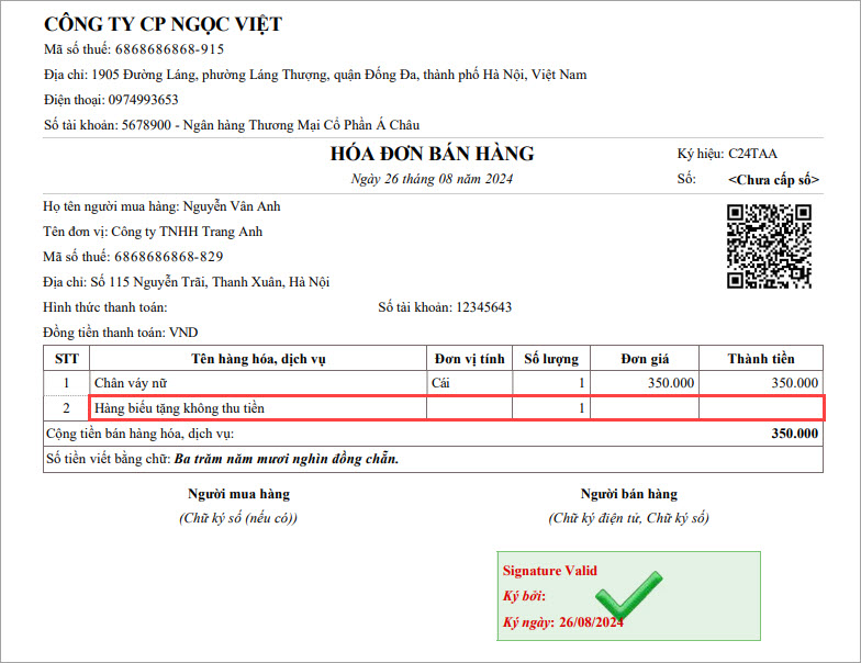 hóa đơn hàng quà tặng