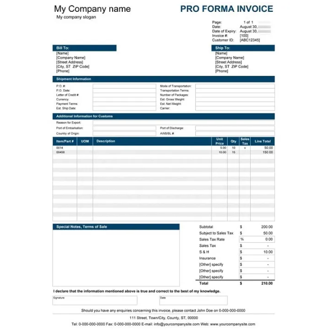 mẫu profoma invoice