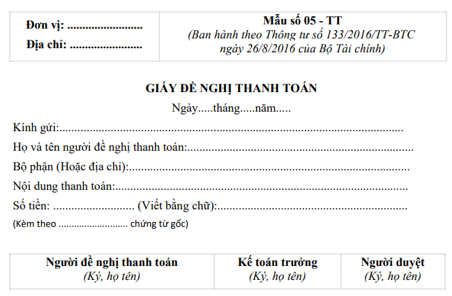 mẫu đề nghị thanh toán thông tư 133