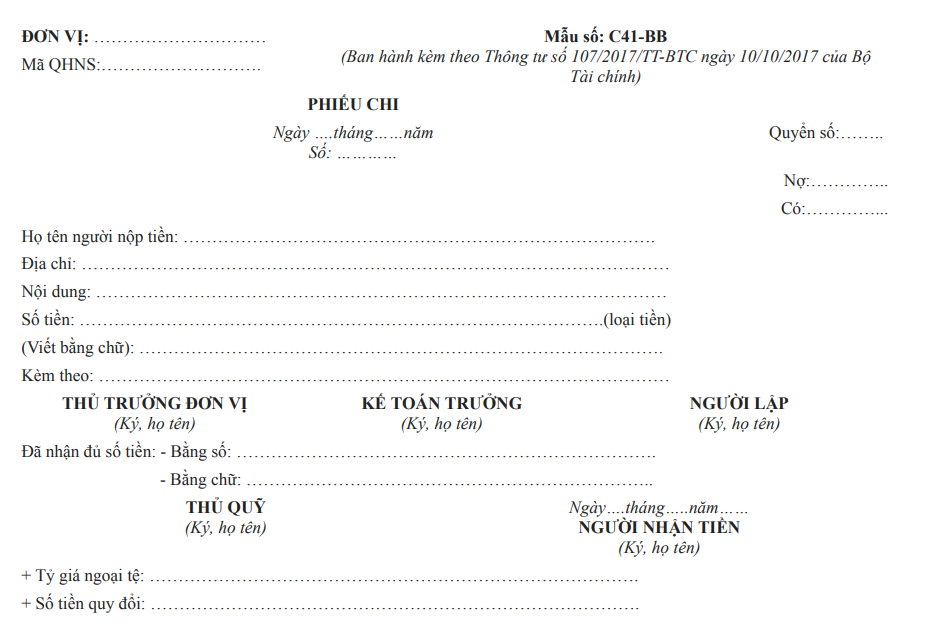 mẫu phiếu chi thông tư 107