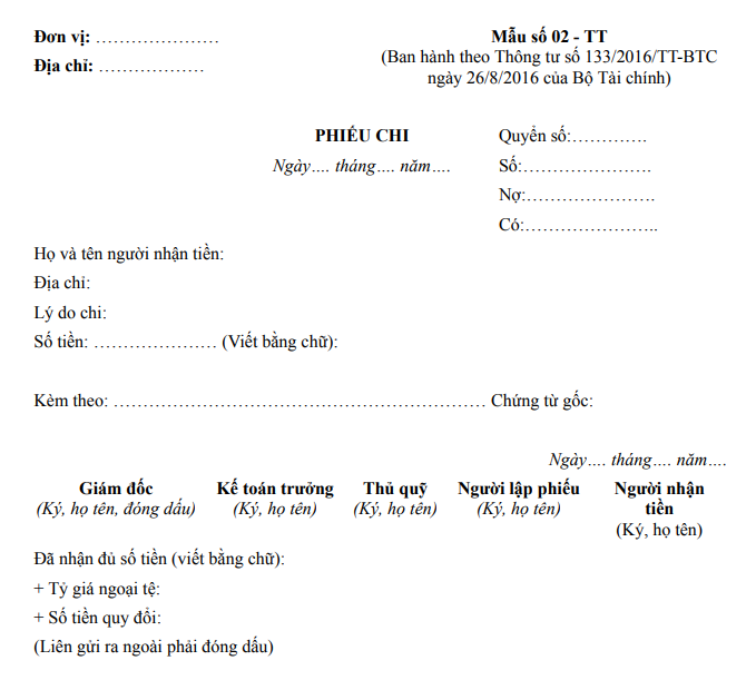 mẫu phiếu chi Thông tư 133