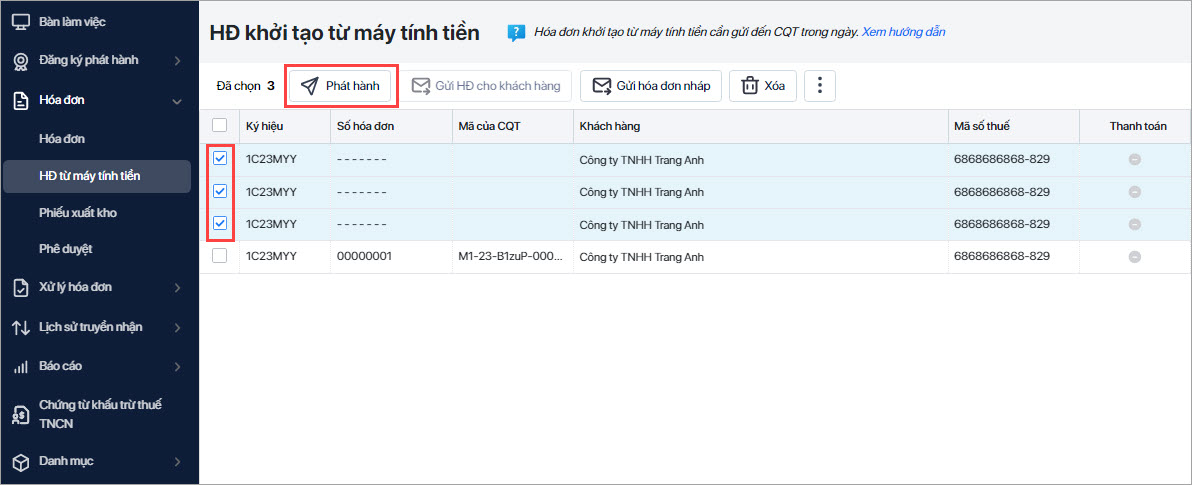 phát hành hàng loạt hóa đơn