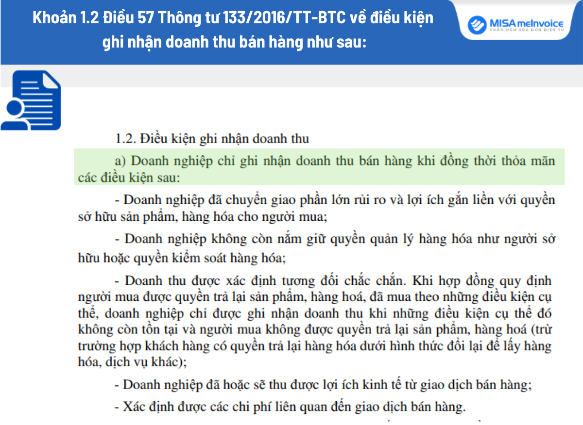 điều kiện ghi nhận doanh thu bán hàng