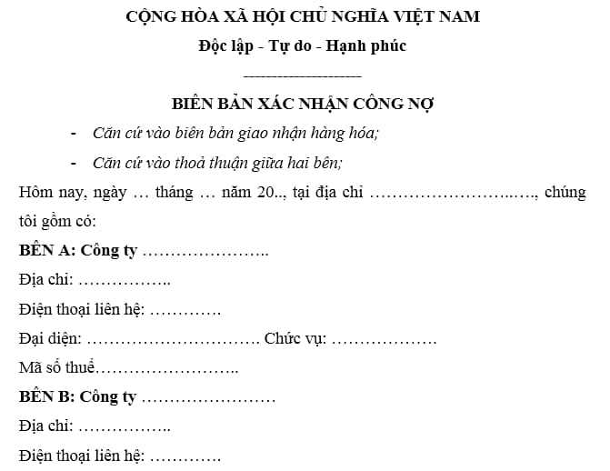 mẫu biên bản xác nhận công nợ doanh nghiệp