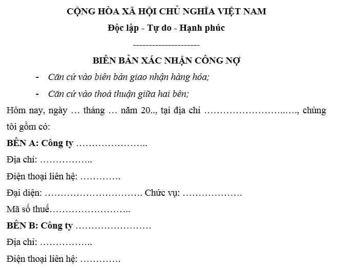 mẫu biên bản xác nhận công nợ công ty