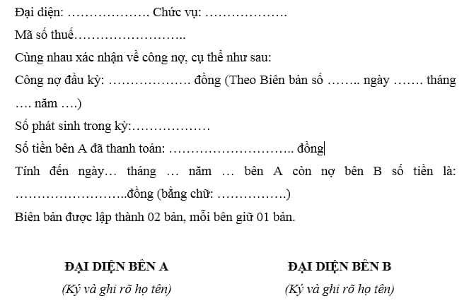 mẫu biên bản xác nhận công nợ doanh nghiệp