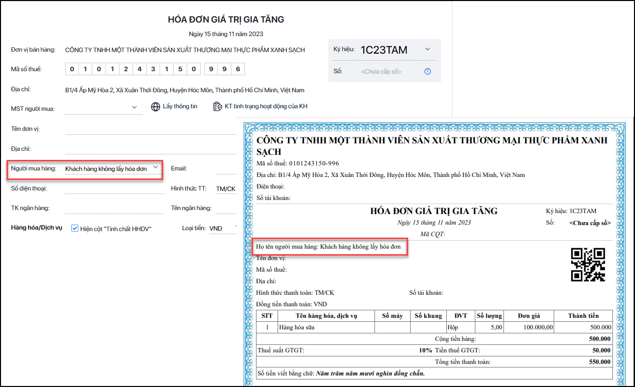 Xuất hóa đơn cho khách lẻ không lấy hóa đơn
