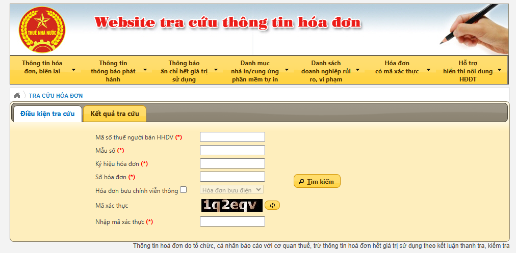 nhập các thông tin hóa đơn cần tra cứu tại website tra cứu thông tin hóa đơn