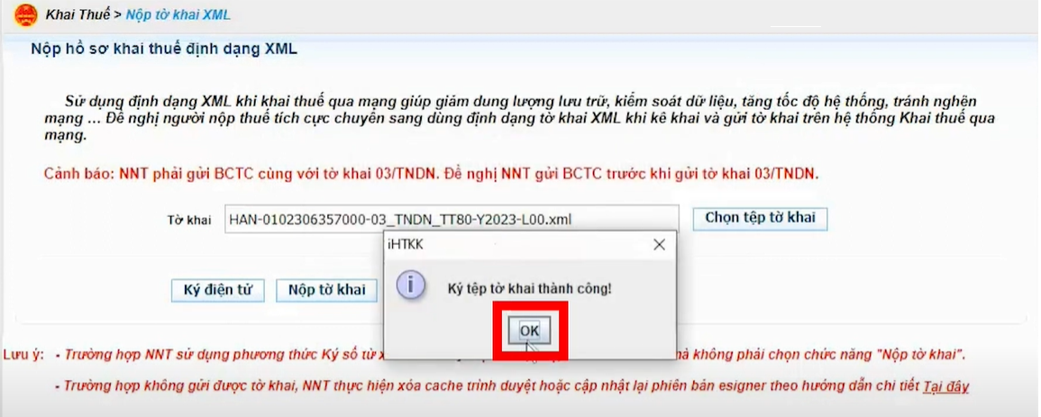 Hệ thống thông báo ký thành công chọn ok
