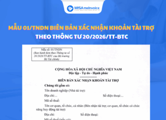 Mẫu 01/TNDN Biên bản xác nhận khoản tài trợ theo Thông tư 20/2026/TT-BTC mẫu 01 TNDN