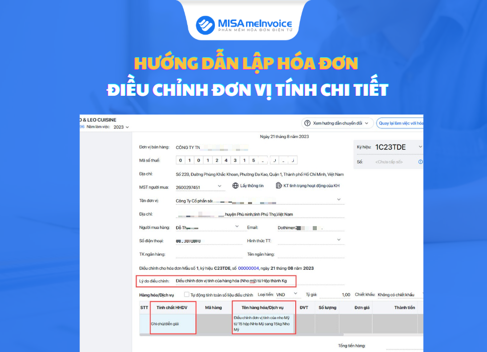 Hướng dẫn lập hóa đơn điều chỉnh đơn vị tính CHI TIẾT hóa đơn điều chinh đơn vị tính