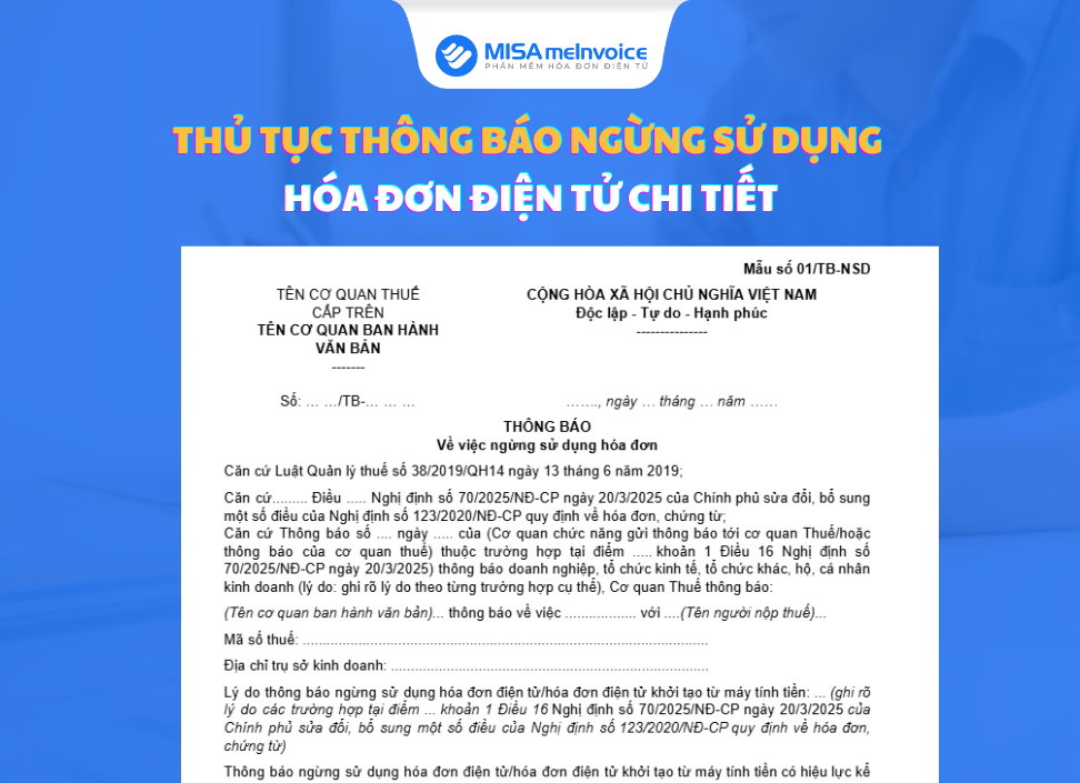 Thủ tục thông báo ngừng sử dụng hóa đơn điện tử CHI TIẾT thông báo ngừng sử dụng hóa đơn điện tử